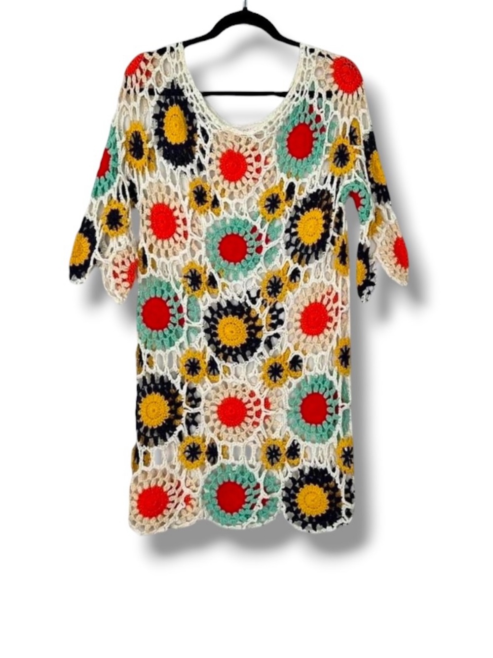 Apricot sheer crochet knit granny square mini sweater dress boho beach coverup